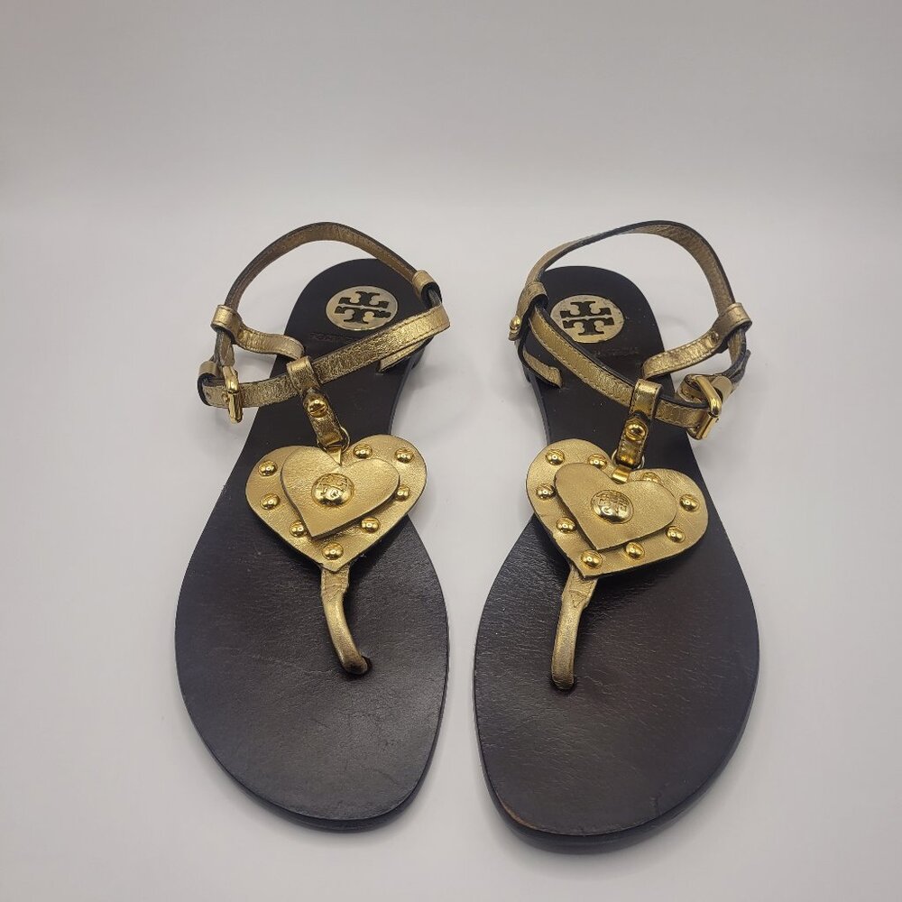 Tory Burch Leather Heart Strappy Gold Studded Sandals